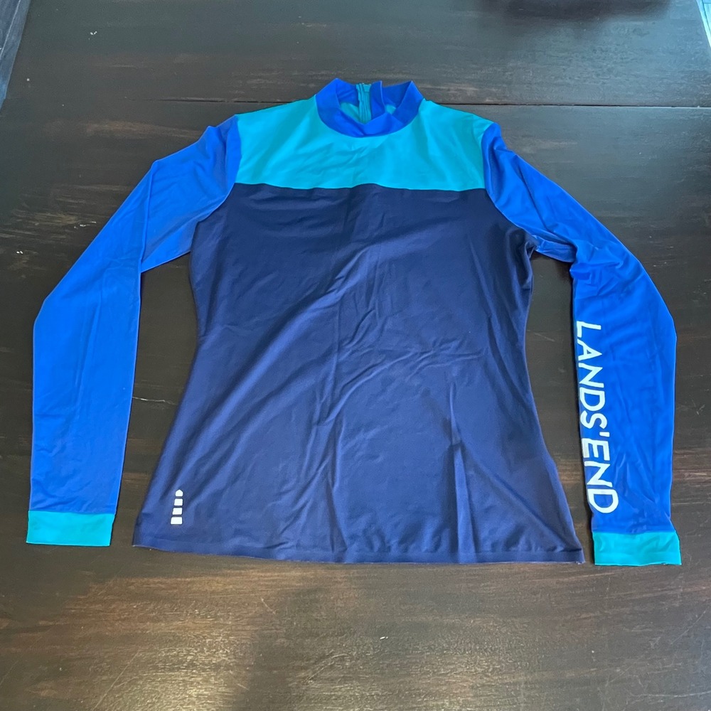 Lands End Womens Rash Guard Small Blue Colorblock Long Sleeve Swim Shirt Zipper